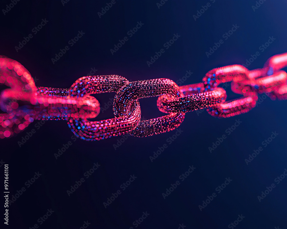 Close-up of a glowing chain link, showcasing vibrant colors and intricate details against a dark background. Close-up of a glowing chain link, showcasing vibrant colors and intricate details against a dark background.