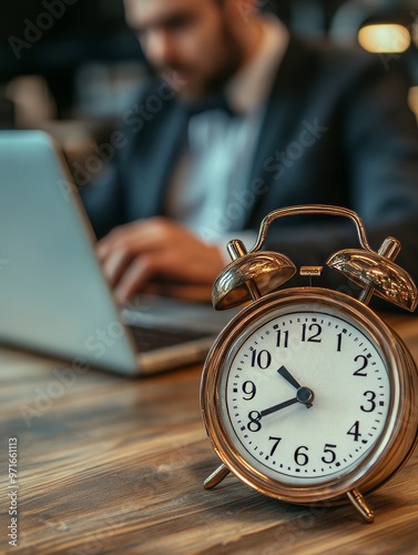 An alarm clock and a laptop are on a desk in front of a man. The clock reads 9 a.m.