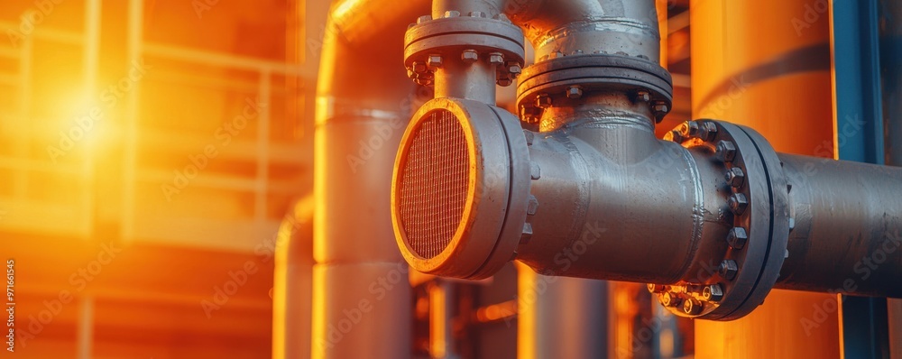 industrial pipes illuminated by warm light, showcasing intricate details of modern infrastructure. industrial pipes illuminated by warm light, showcasing intricate details of modern infrastructure.