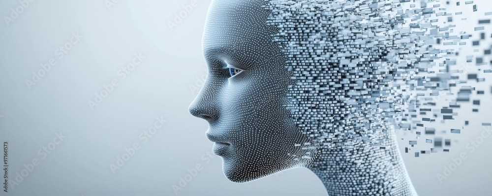 Futuristic profile of a humanoid figure with a digital effect, symbolizing technology and artificial intelligence in modern design. Futuristic profile of a humanoid figure with a digital effect, symbolizing technology and artificial intelligence in modern design.