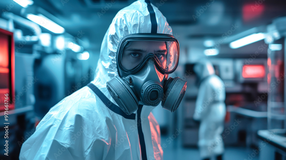 A man dons a sleek hazmat suit with a gas mask, showcasing vibrant stripes for visibility, surrounded by cutting-edge lab equipment and dynamic lighting A man dons a sleek hazmat suit with a gas mask, showcasing vibrant stripes for visibility, surrounded by cutting-edge lab equipment and dynamic lighting