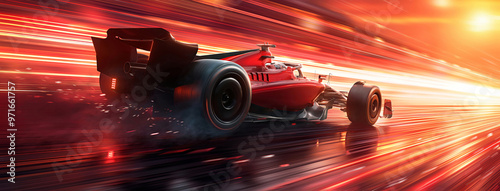 Powerful acceleration of a generic red formula one car on on the night racing track with light strips and motion blur. The concept of fast and powerful technology. 3d illustration	