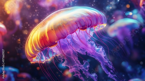 Dreamlike scene featuring a charming rainbow jellyfish image