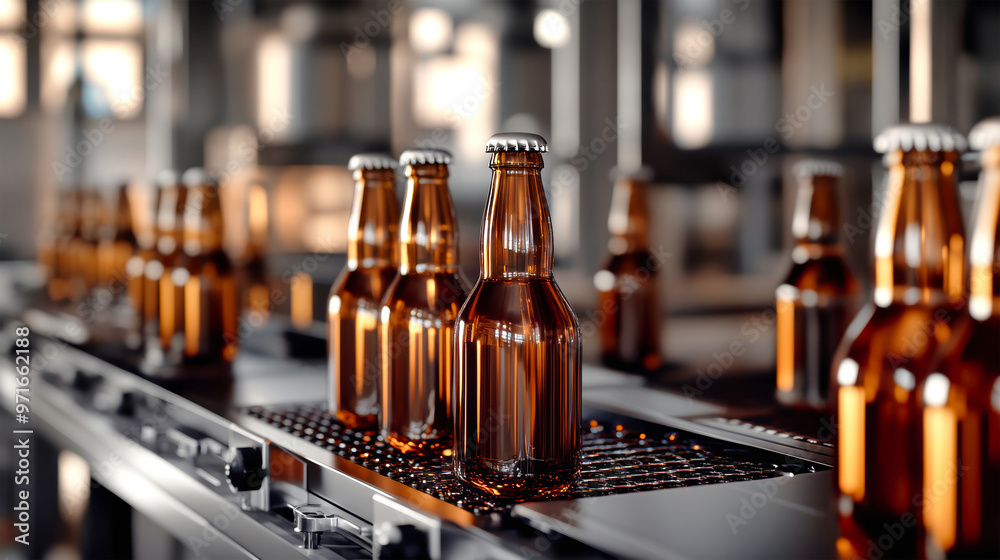 Brown glass bottles of beer are moving through a state-of-the-art production line, being filled, labeled, and prepared for distribution Brown glass bottles of beer are moving through a state-of-the-art production line, being filled, labeled, and prepared for distribution