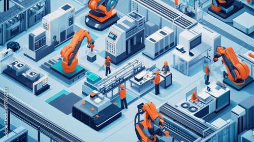 Overview of a factory with collaborative robots, workers and machines working together to enhance productivity, advanced technology in action