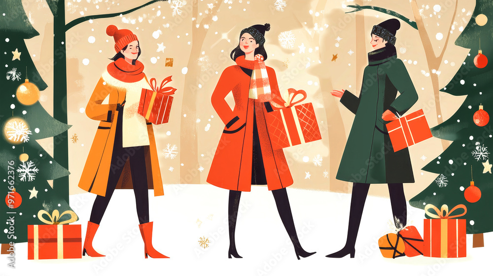 Three friends dressed in stylish winter outfits enjoy the holiday season while surrounded by Christmas trees and gifts on a snowy day Three friends dressed in stylish winter outfits enjoy the holiday season while surrounded by Christmas trees and gifts on a snowy day