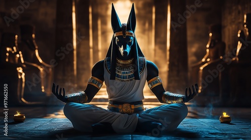 Anubis Meditating in a Mysterious Ancient Egyptian Temple photo