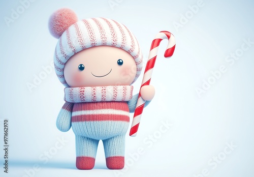 Adorable Toy Character Holding Candy Cane in Winter Outfit photo