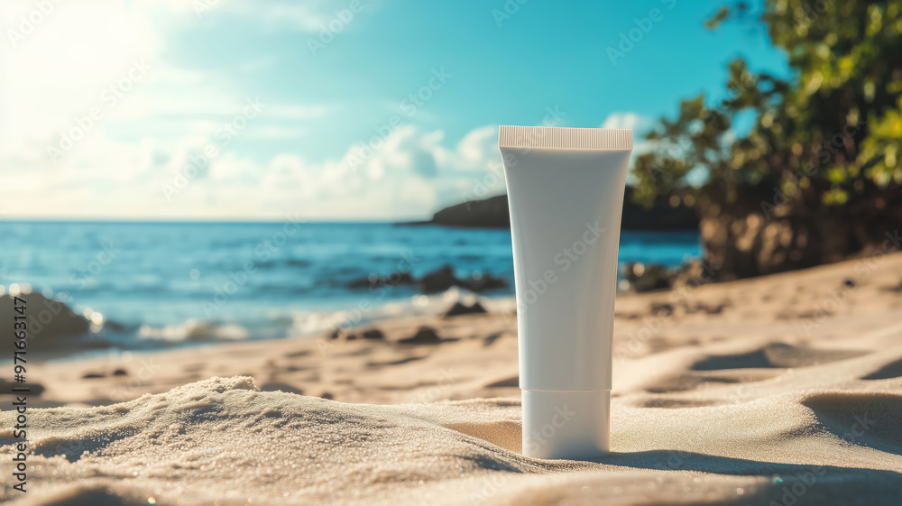 A close-up of a cosmetic product white tube with on the sandy beach with a sea in the background A close-up of a cosmetic product white tube with on the sandy beach with a sea in the background