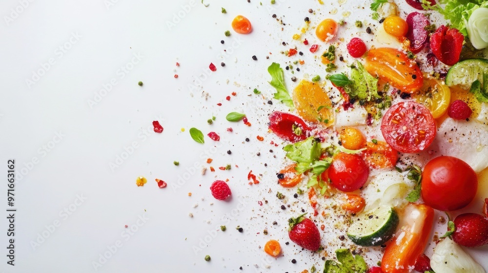 A Colorful Array of Fresh Vegetables and Fruits Scattered on a White Surface A Colorful Array of Fresh Vegetables and Fruits Scattered on a White Surface