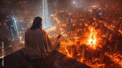 Amidst a vibrant cityscape illuminated by lights, Jesus sits on a skyscraper rooftop, stretching his hands forward towards a fiery explosion below