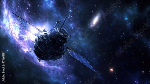 Space probe traveling through deep space, stars and distant galaxies in the background, sleek design and advanced technology