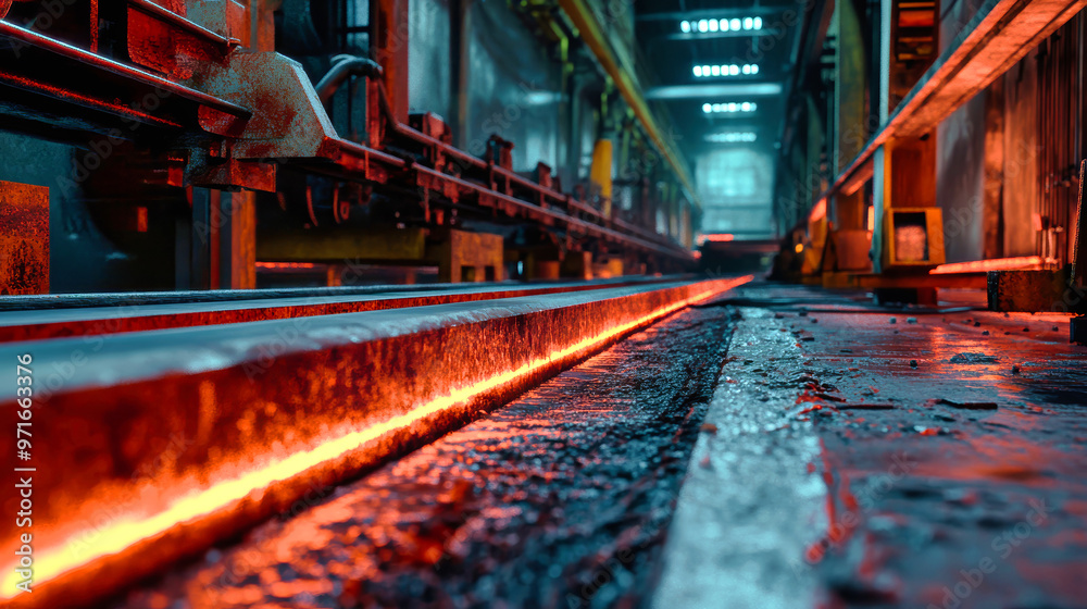 Steel beams align on the hot-rolling mill, glowing red as they pass through the intense heat of industrial production within the steel plant Steel beams align on the hot-rolling mill, glowing red as they pass through the intense heat of industrial production within the steel plant