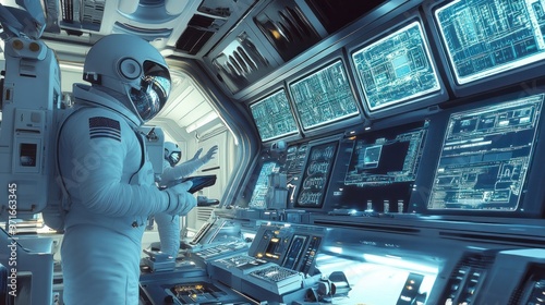 Space station interior, recreational area with astronauts exercising, digital interfaces and advanced technology, dynamic and active scene