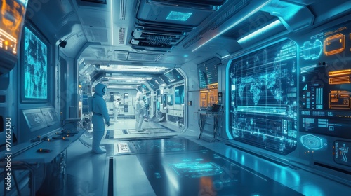 Space station interior, recreational area with astronauts exercising, digital interfaces and advanced technology, dynamic and active scene
