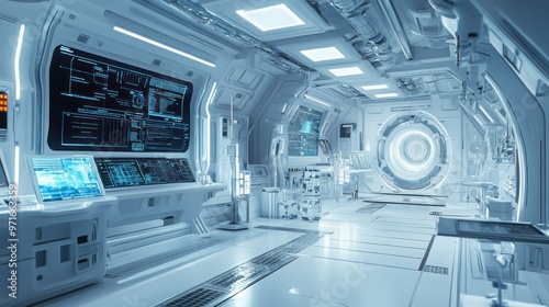 Fototapeta Naklejka Na Ścianę i Meble -  Space station interior, view of a laboratory module, digital screens displaying data, tools and scientific equipment, clean and organized space