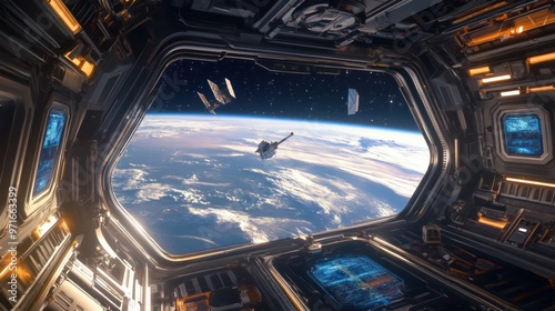 Space station interior with a panoramic view of Earth through a large window, astronauts working and living in space, serene and expansive setting