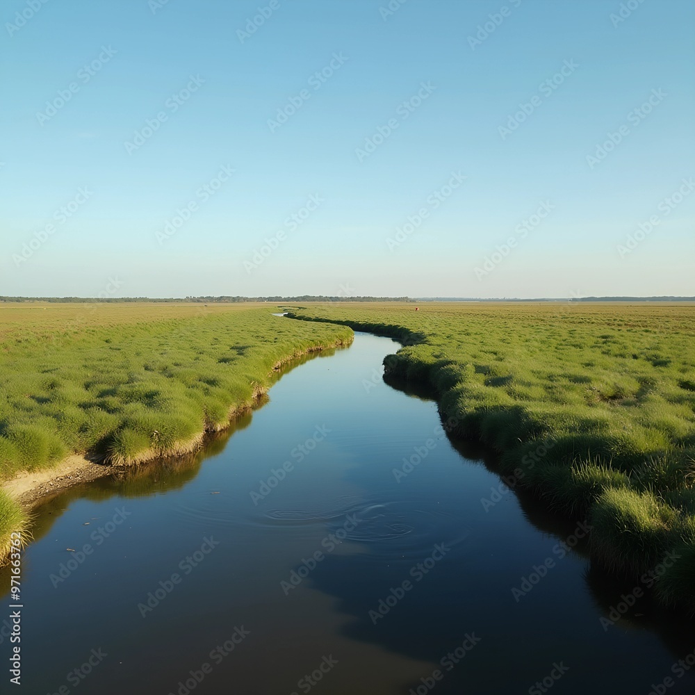 _a landscape photograph of a vast open field with a river running through it. The sky is clear and blue, and the horizon line is visible in the distance. The field is covered in green grass, _a landscape photograph of a vast open field with a river running through it. The sky is clear and blue, and the horizon line is visible in the distance. The field is covered in green grass,