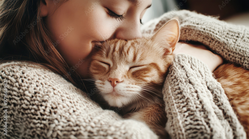 A young woman lovingly hugs her cat, sharing a sweet moment of affection and tranquility in the warmth of her home
