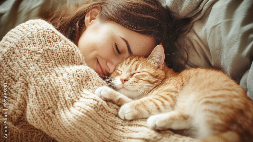 A joyful young woman cuddles her beloved cat in bed, sharing a sweet moment of affection and warmth, surrounded by soft textures and gentle colors