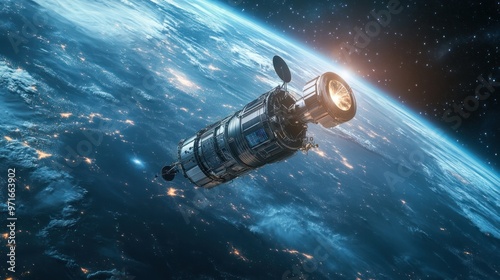 Space telescope in orbit, pointed towards a distant star, high-tech equipment and digital displays, serene and expansive space scene