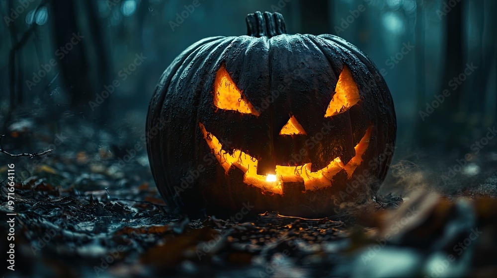 A jack-o'-lantern sits in the middle of a dark forest, but instead of a candle, it glows with the light of trapped souls, each one etched into the surface of the pumpkin, symbolizing the spirits that A jack-o'-lantern sits in the middle of a dark forest, but instead of a candle, it glows with the light of trapped souls, each one etched into the surface of the pumpkin, symbolizing the spirits that