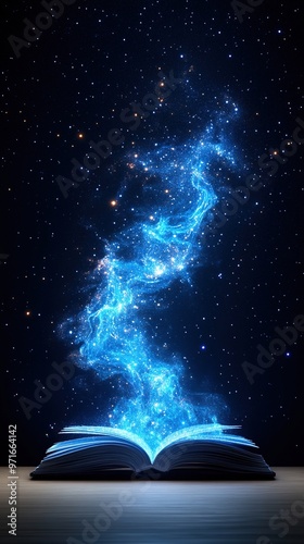 Magical book with glowing blue smoke that drifts into the boundless expanse of space. Book of knowledge that has an aura of magic and fantasy, shines, carries powerful magical information representing