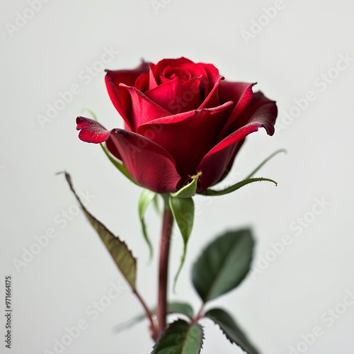 a single red rose with its stem and leaves. The rose is in full bloom and its petals are a deep, vibrant red color 