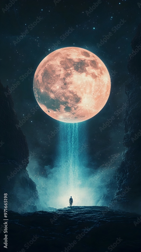 Glowing Mystical Waterfall Under a Moonlit Night Sky Glowing Mystical Waterfall Under a Moonlit Night Sky