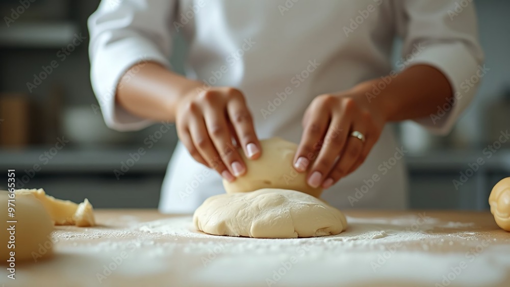 Close-up of a male chef kneading dough, light-colored kitchen, professional photo Close-up of a male chef kneading dough, light-colored kitchen, professional photo