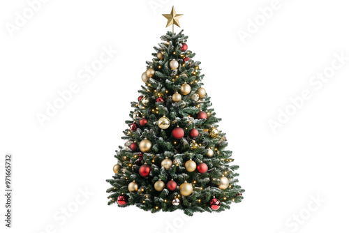 Classic Christmas Tree with Gold Star and Ornaments - isolated on White Transparent Background, PNG
 photo