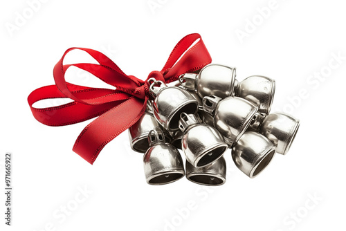 Silver Jingle Bells with Red Ribbon Bow - isolated on White Transparent Background, PNG
 photo