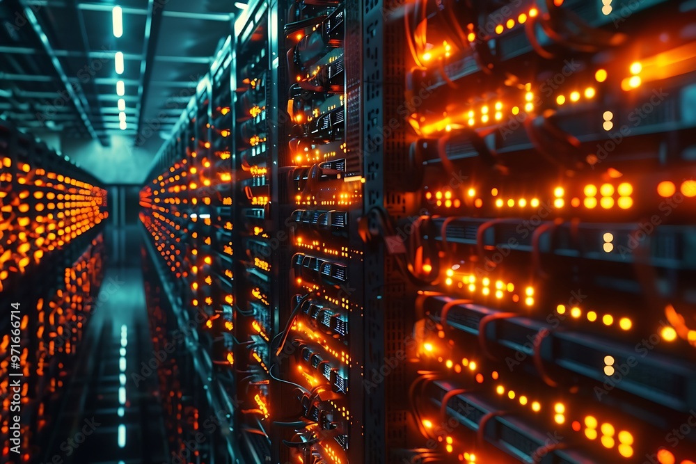 Obraz premium Cryptocurrency mining farm with rows of high-performance servers, illuminated by bright LED lights, futuristic cooling systems, surrounded by a digital matrix.