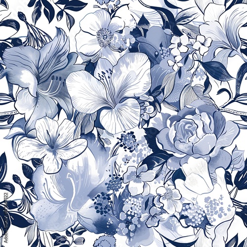 Seamless monochrome pattern in Toile de Jouy style in shades of blue. Floral print with archids and roses. photo