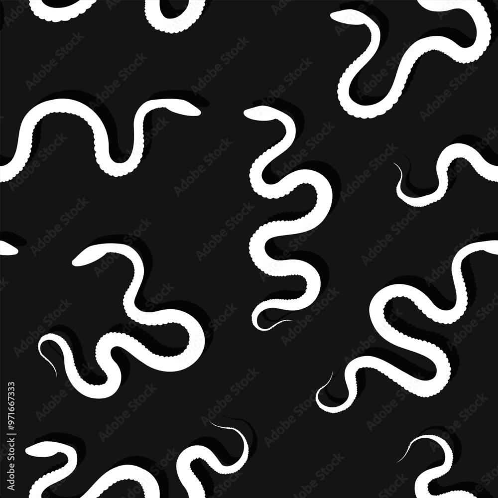 Naklejka premium Modern minimalist seamless pattern with white silhouette of snakes various shapes on black background. Endless wallpaper with mysterious venomous reptiles as wrapping paper, textile, fabric. 
