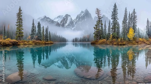 Enchanting mountain lake with luminous turquoise waters surrounded by majestic peaks