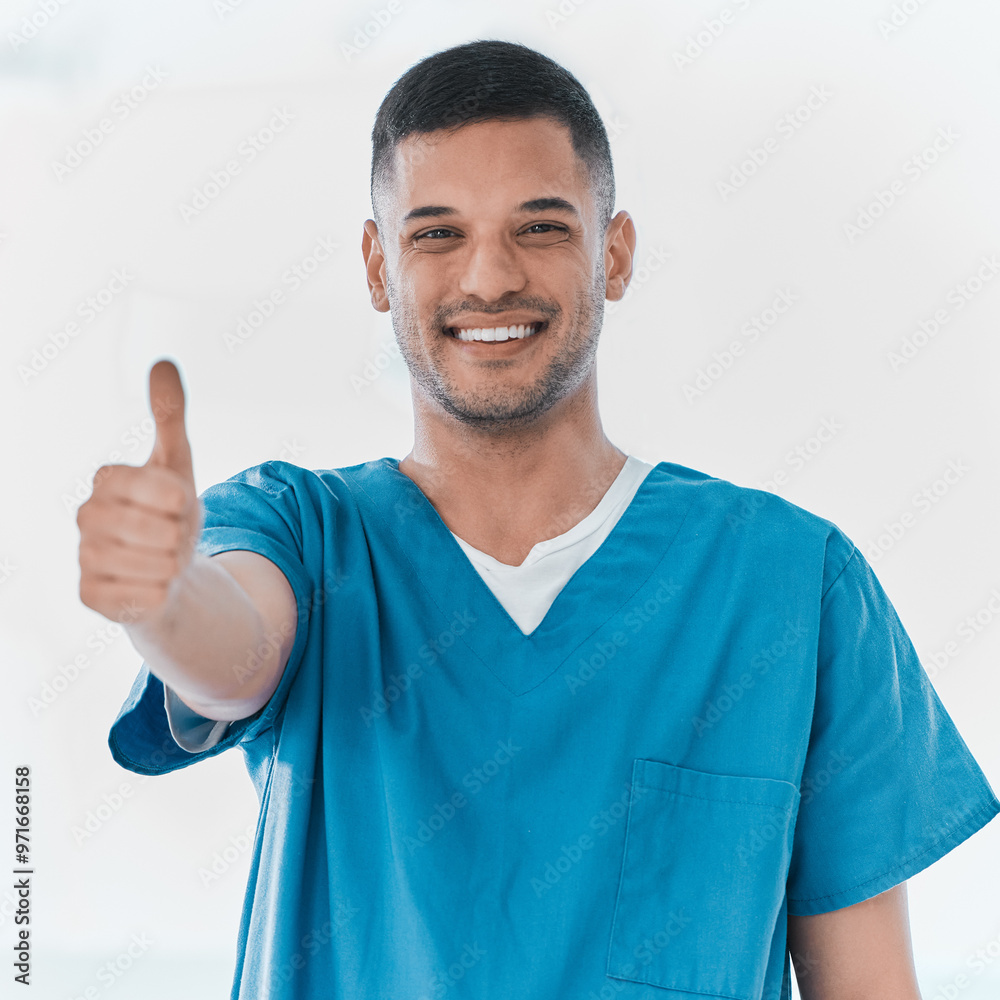 Portrait, surgeon and happy man with thumbs up in studio for success, welcome and thank you. India, doctor or proud medical nurse with hand gesture for approval, agreement or yes on white background Portrait, surgeon and happy man with thumbs up in studio for success, welcome and thank you. India, doctor or proud medical nurse with hand gesture for approval, agreement or yes on white background