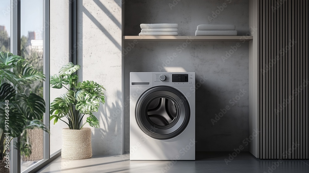 Modern laundry room with a sleek washing machine and potted plant in natural light during midday Modern laundry room with a sleek washing machine and potted plant in natural light during midday