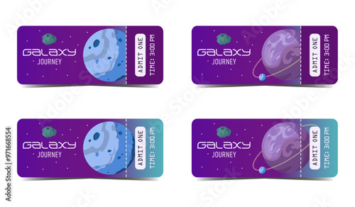 Set of ticket templates with purple and blue gradient space background. Collection of hand drawn planets and celestial bodies. Admission for planetarium, exhibition and show