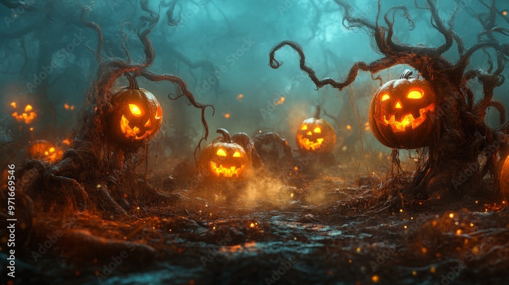 Spooky pumpkins glow in a foggy forest. Spooky pumpkins glow in a foggy forest.
