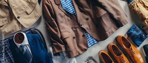 Detailed flat lay of business casual clothing items such as a shirt, blazer, and shoes, arranged on a clean, neutral background with soft lighting.