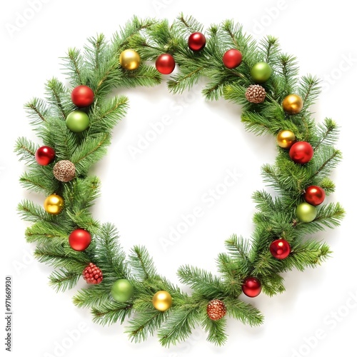 cheerful holiday wreath decorated with bright ornaments on a clean white background