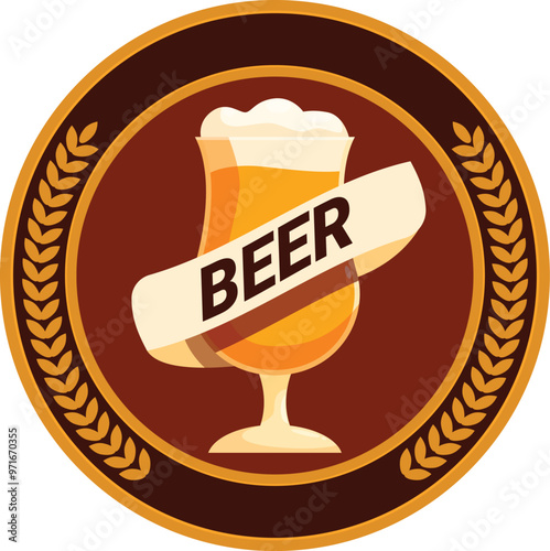 Round beer label with a ribbon and wheat banner featuring a glass with beer and foam