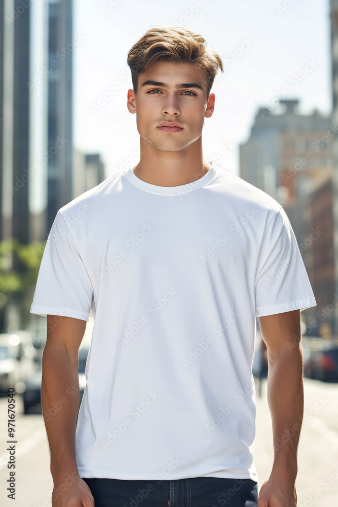 Close-up of a young attractive man model wearing a blank template white t shirt Close-up of a young attractive man model wearing a blank template white t shirt