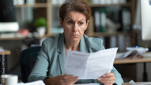 Worried mature professional businesswoman reading bad news in a document at work