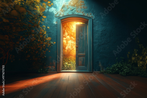A captivating open door leads to bright new world, symbolizing hope and opportunity. warm light from outside contrasts beautifully with cool tones of room, creating an inviting atmosphere