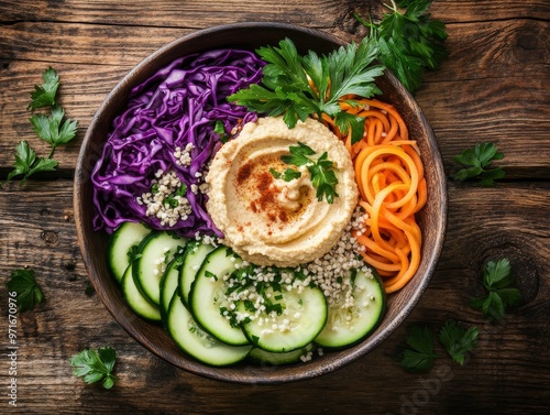 An attractive bowl of colorful, healthy vegetables topped with hummus.