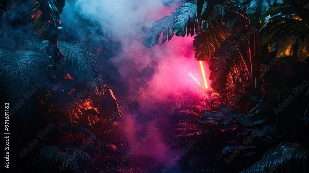 Obraz premium Neon Lights Illuminating Tropical Foliage in a Misty Jungle Setting
