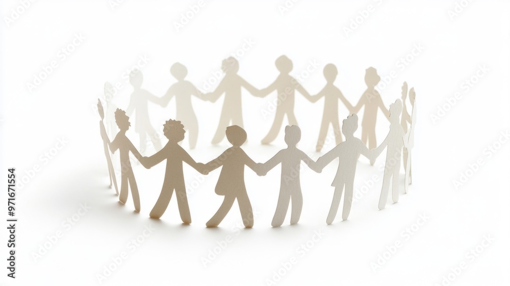 Paper humans holding hands in a circle, white background, cutout style generative ai Paper humans holding hands in a circle, white background, cutout style generative ai