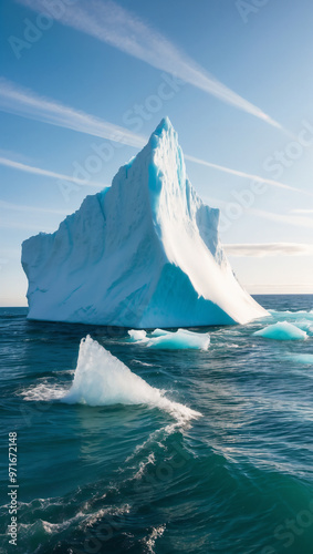 Floating Arctic Iceberg Glacier in the Ocean with Blue Skies and Green Blue Ocean, Vertical Portrait in 9:16 Ratio photo